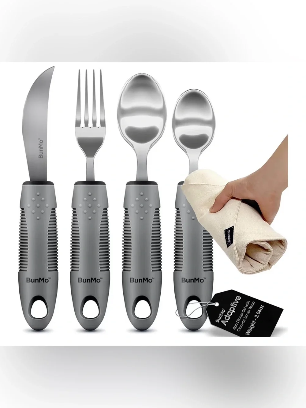 BunMo Adaptive Utensil Set w/ Travel Wrap – Weighted Easy Grip Silverware – New